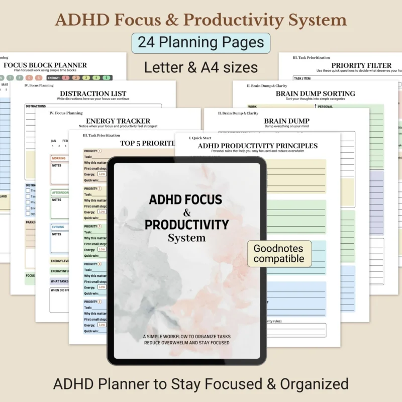 ADHD Focus Planner Printable PDF for Productivity, Time Management & Daily Organization