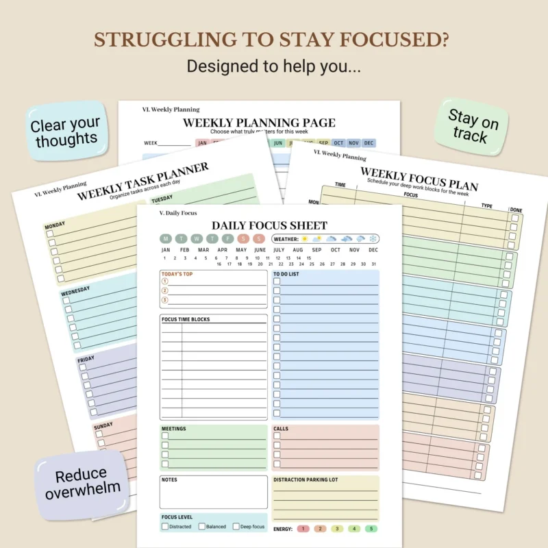 struggleing to stay focused, this planner help you clear yout thought, stay on track, reduce overwhelm