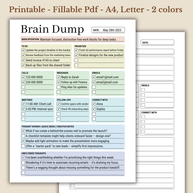 Brain Dump digital planner printable for work productivity