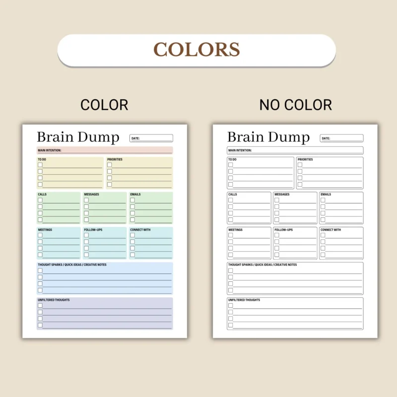Brain Dump digital planner available in colorful and ink-friendly black-and-white