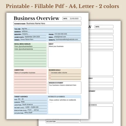 Business Overview Planner Printable for Strategic Planning and Mission Tracking