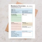 Sample Business Overview worksheet with pre-filled mission statements, brand values, and target audience profiles.