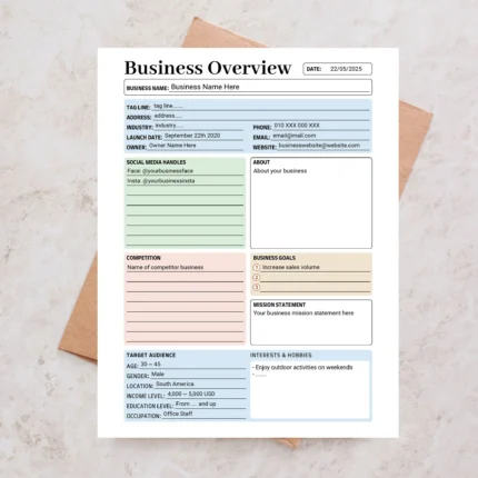 Sample Business Overview worksheet with pre-filled mission statements, brand values, and target audience profiles.