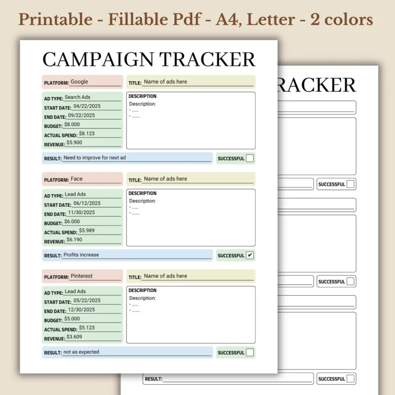 Campaign Tracker & Ads Manager Marketing Performance Planner Fillable Printable PDF