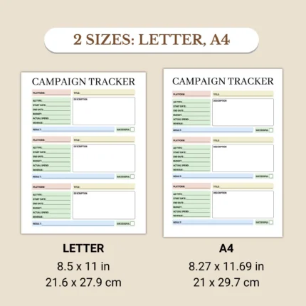 US Letter and A4 size options for the campaign tracker printable PDF