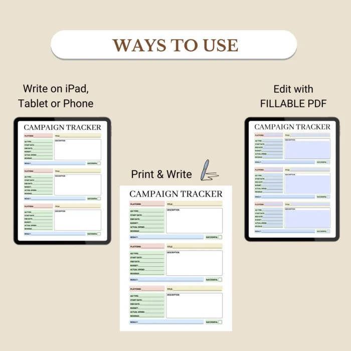 Campaign Tracker & Ads Manager Marketing Performance Planner Fillable ...