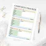 Digital marketing campaign planner template with sections for ad descriptions and success tracking, available as a fillable PDF for business productivity