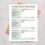 Example of a Campaign Tracker with platform, ad type, budget, revenue, result