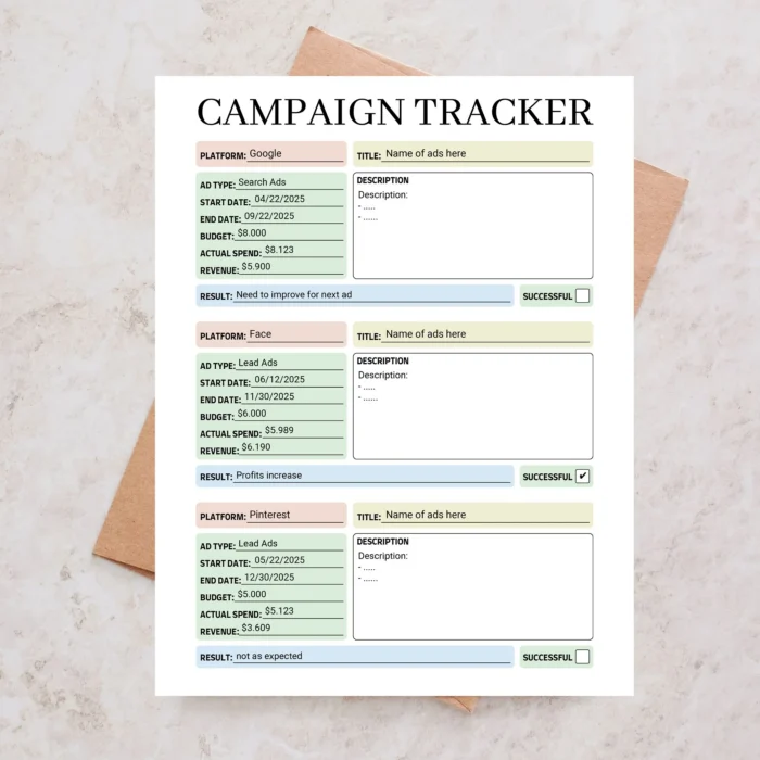Campaign Tracker & Ads Manager Marketing Performance Planner Fillable ...