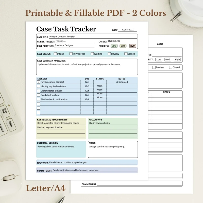 Case Task Tracker Printable for Legal and Client Project Management