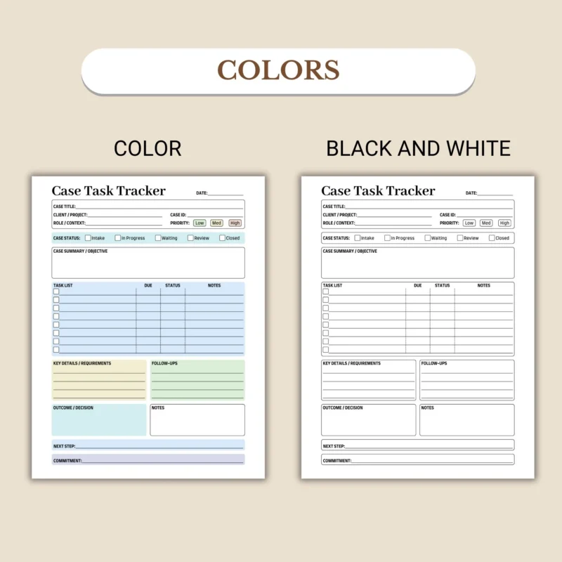 Case Task Tracker available in colorful and ink-friendly black-and-white