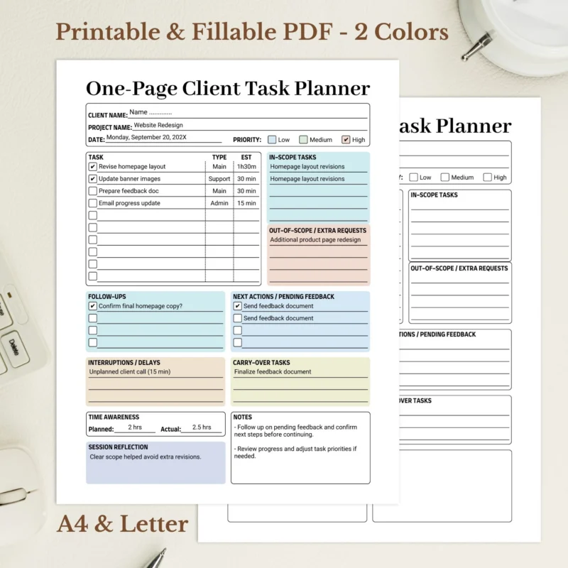 Client Task Planner Service Provider Project Tracker, Fillable Freelancer Workflow PDF