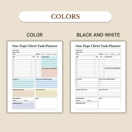 Client Task Planner PDF shown in color and ink-friendly black-and-white versions
