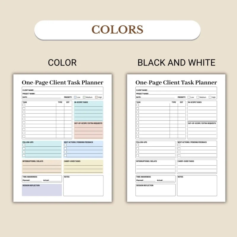Client Task Planner available in colorful and ink-friendly black-and-white