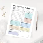 A professional client task planner template featuring structured tables for project objectives, task status, and client communication tracking