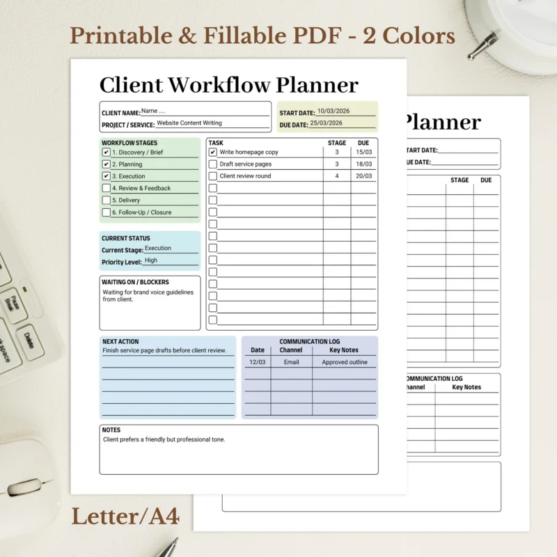 Client Workflow Planner, Service Provider Project Tracker, Fillable Freelancer Business Log PDF