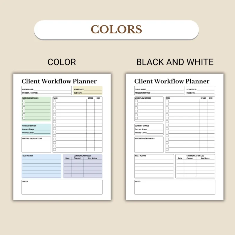 Client Workflow Planner available in colorful and ink-friendly black-and-white