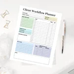 A professional client workflow planner template with structured tables for project objectives, task tracking, and client meeting notes