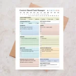 Minimalist productivity worksheet printable PDF displayed with a structured layout for managing action items through context-specific categories.