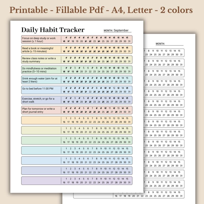 Daily Habit Tracker Printable for Monthly Consistency and Lifestyle Goals