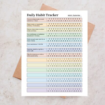 Sample Daily Habit Tracker with color-coded rows for multiple monthly routines and a 31-day completion grid