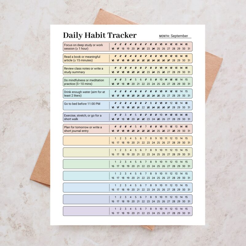 Sample Daily Habit Tracker with color-coded rows for multiple monthly routines and a 31-day completion grid