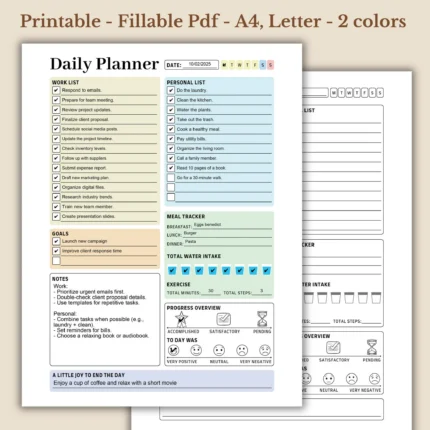 Daily Planner Work Life Balance To Do Checklist Water Intake Meal Tracker