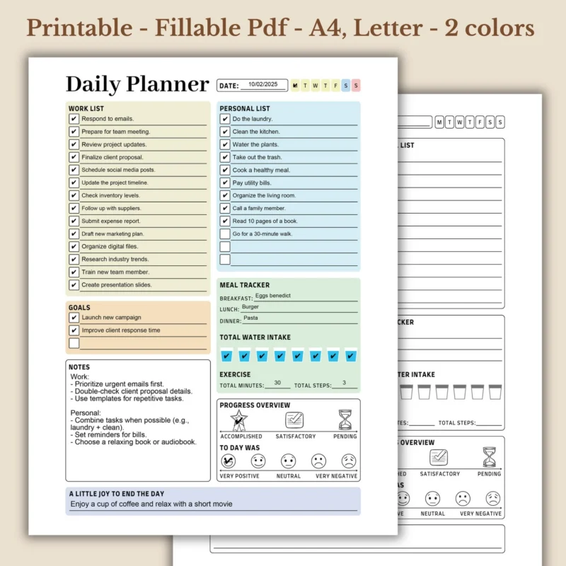 Daily Planner Work Life Balance To Do Checklist Water Intake Meal Tracker