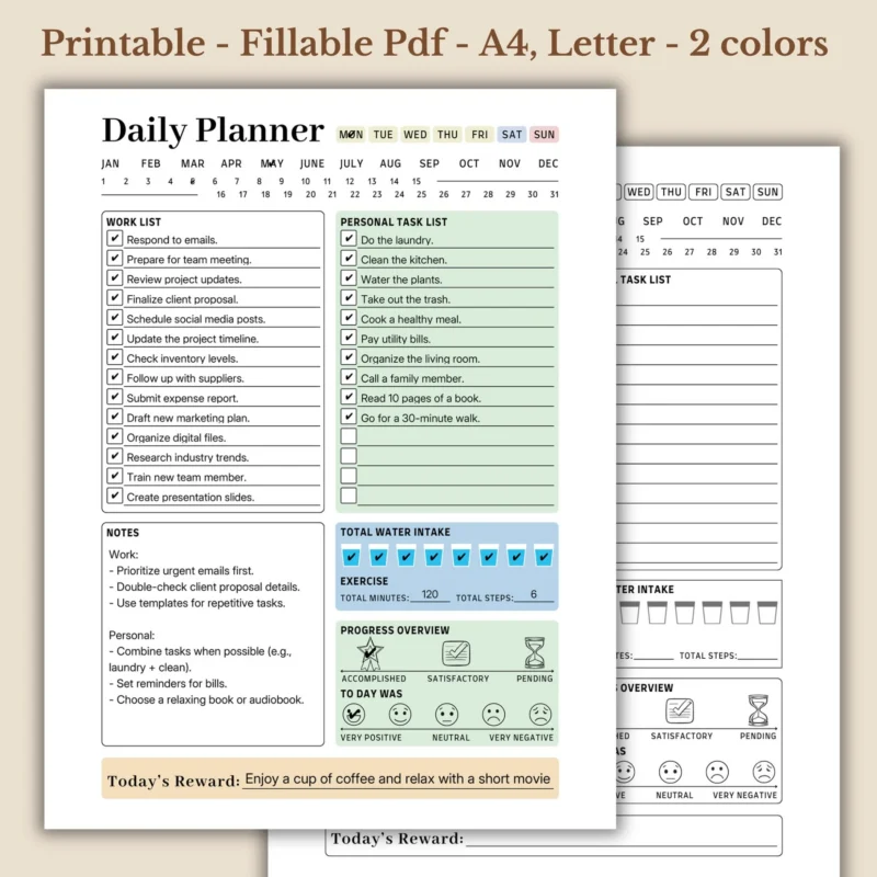 Daily Planner Work Life Balance To Do Checklist Water Intake Tracker