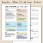 Daily Planner fillable printable PDF work checklist and wellness tracker