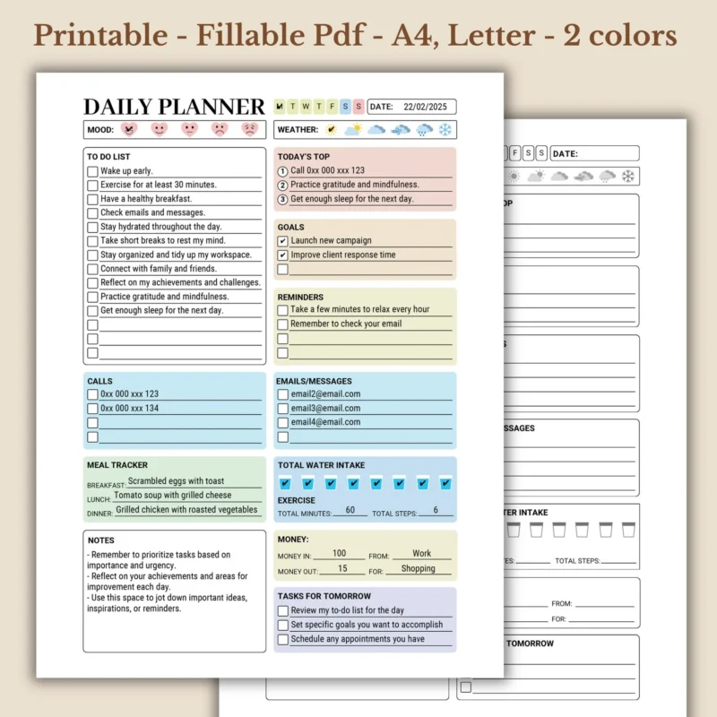 Daily Planner fillable printable PDF work checklist and wellness tracker