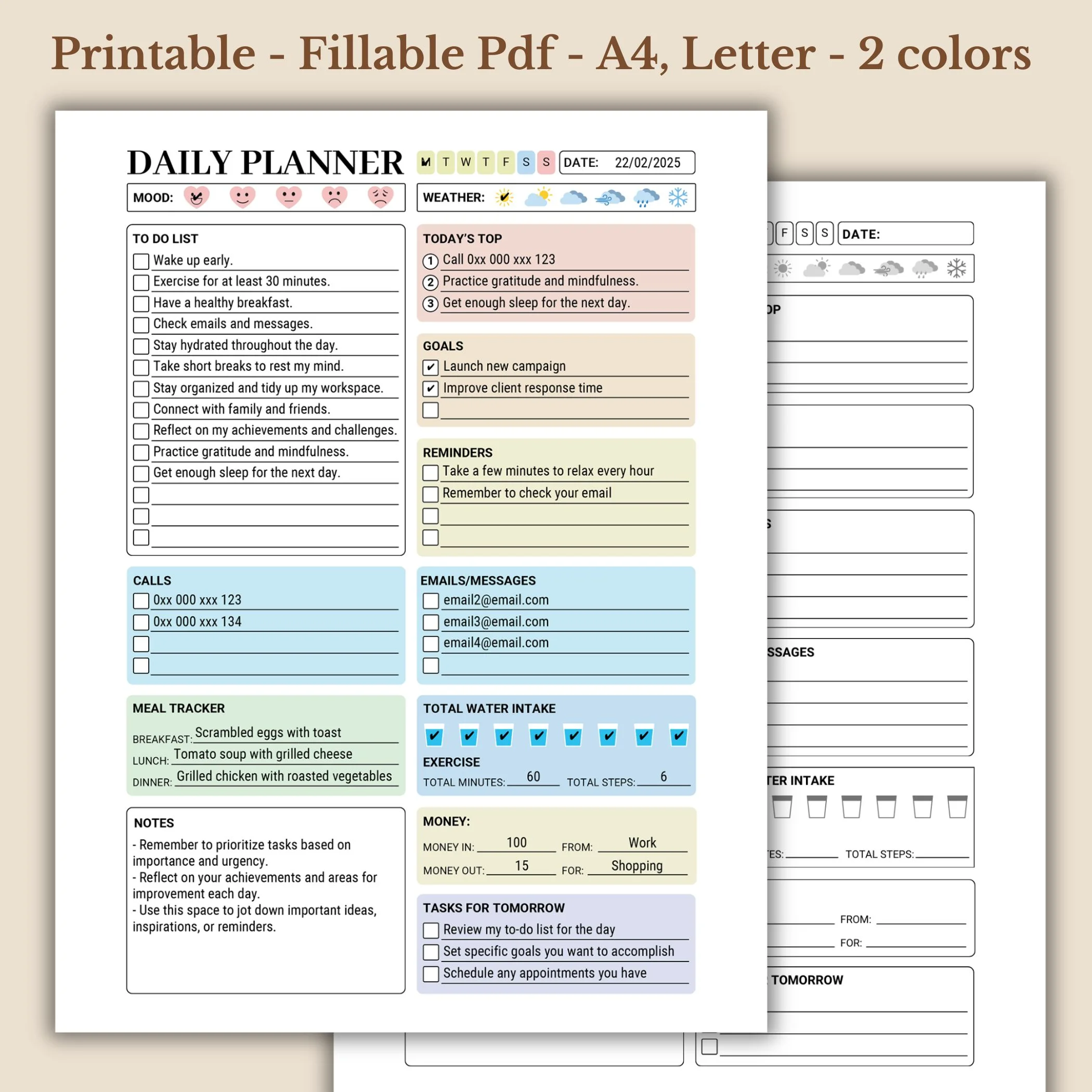 Daily Planner fillable printable PDF work checklist and wellness tracker (1) Daily Planner fillable printable PDF work checklist and wellness tracker