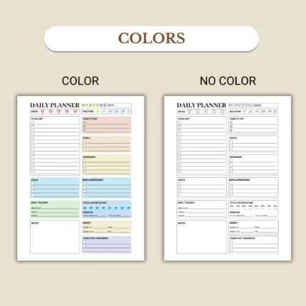 Daily planner available in colorful and ink-friendly black-and-white