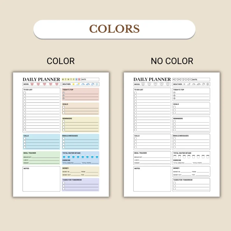 Daily planner available in colorful and ink-friendly black-and-white