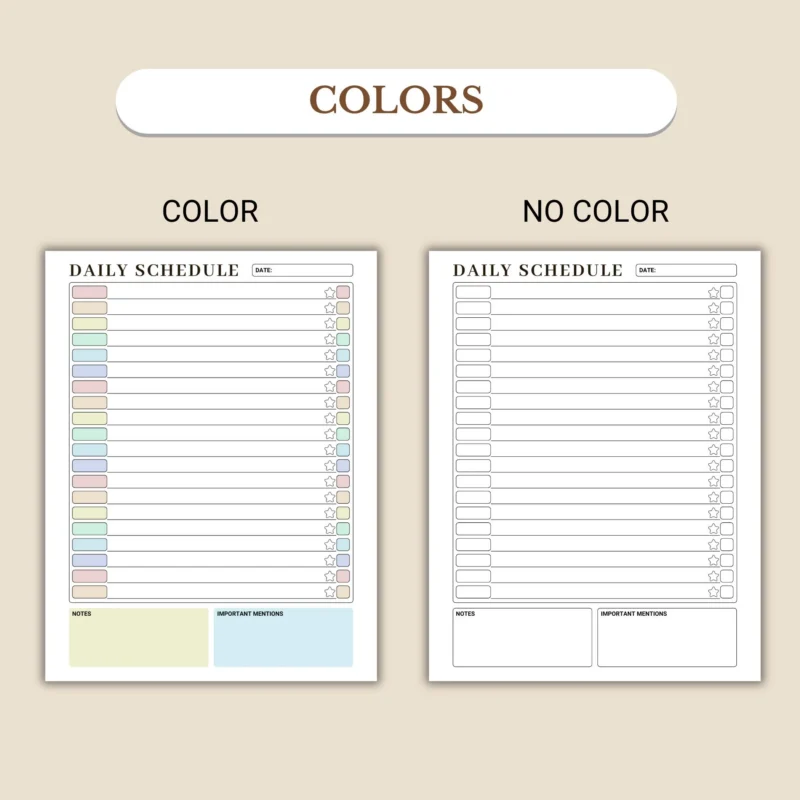 Daily Schedule available in colorful and ink-friendly black-and-white