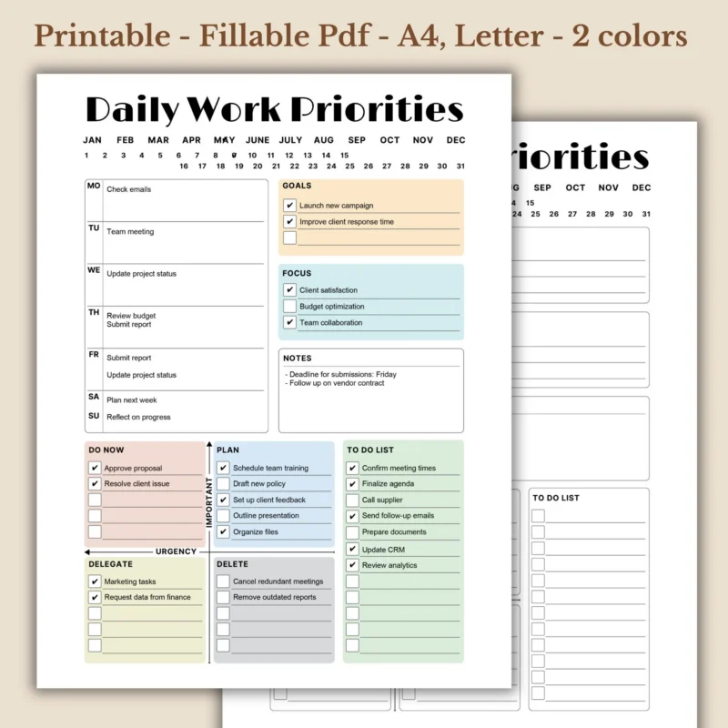 Daily Work Priorities Productivity Planner Matrix