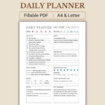 Daily planner printable PDF with organized sections for productivity, wellness and daily routines
