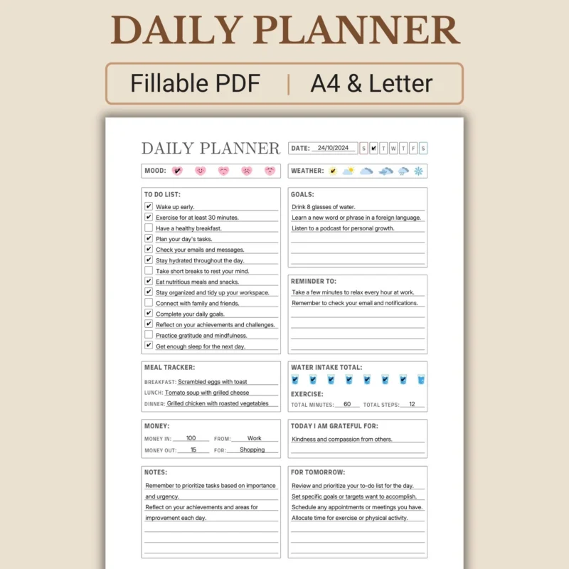 Daily planner printable PDF with organized sections for productivity, wellness and daily routines