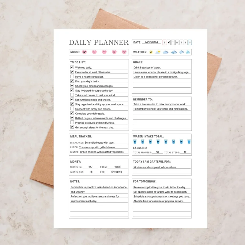 Wellness daily planner template with mood tracker, meal planning, water intake tracker and self care sections