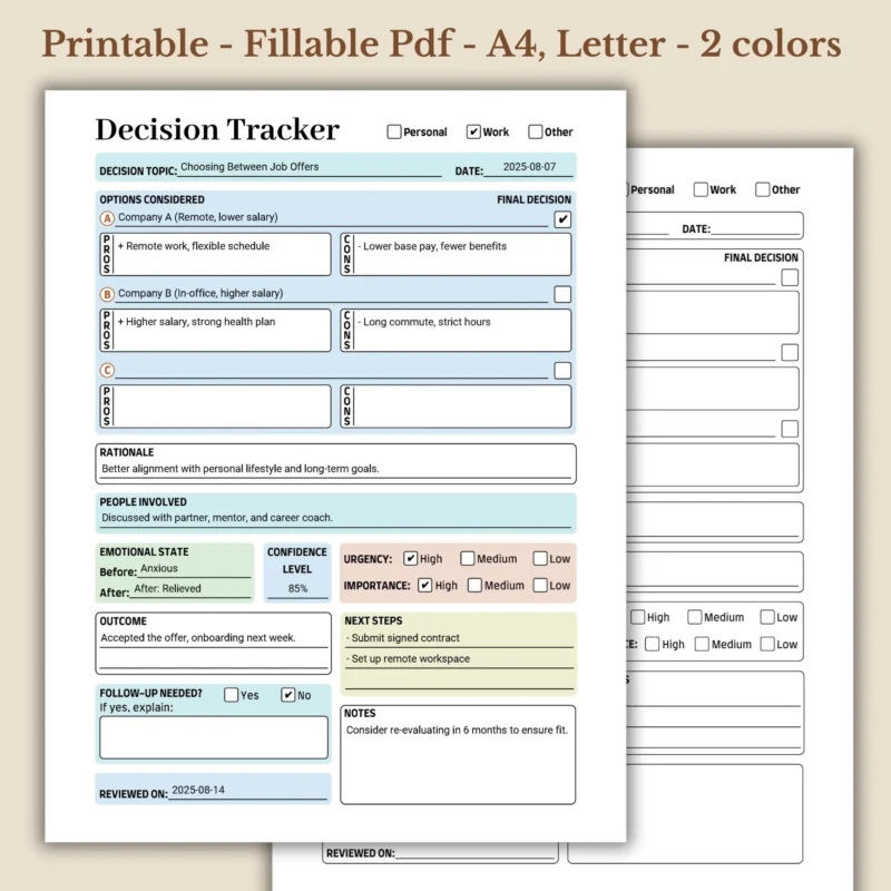 Decision Tracker Printable PDF for Work Productivity