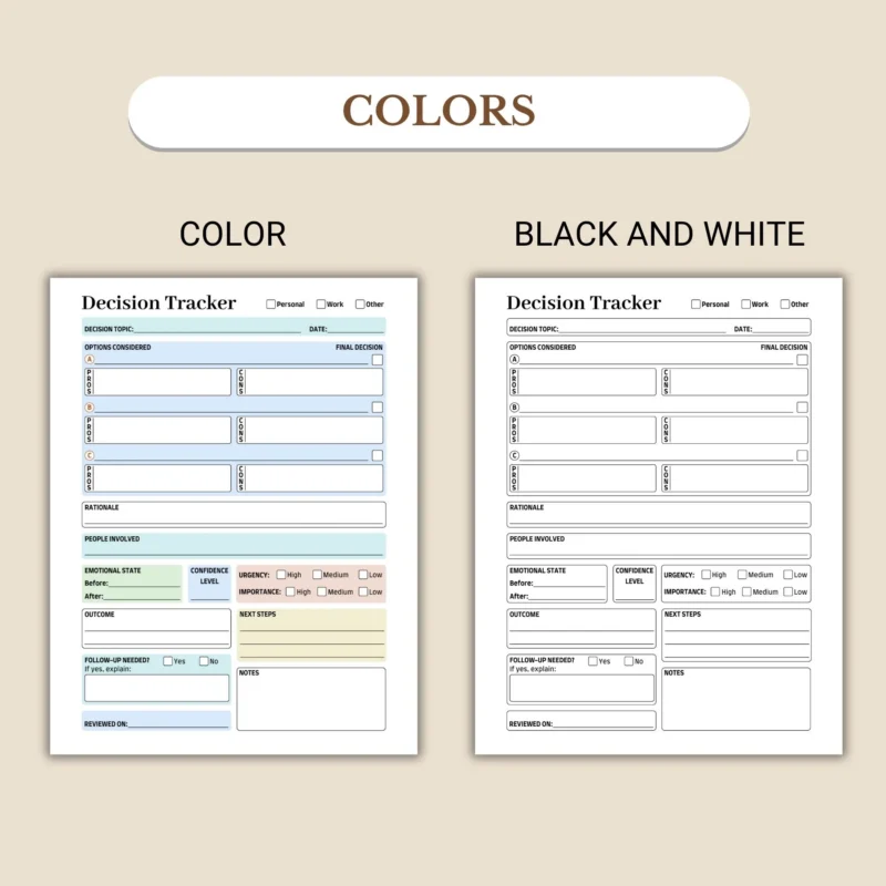 Decision Tracker available in colorful and ink-friendly black-and-white
