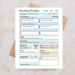A sample Decision Tracker with pre-filled entries for problem statements, core values, pros and cons, and risk assessment to demonstrate an organized evaluation process