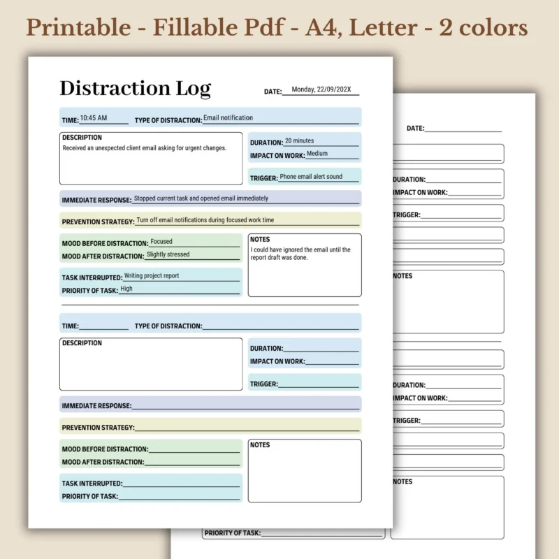 Distraction Log Printable for Deep Work and Focus Management