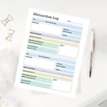 Color-coded productivity worksheet for tracking work triggers and task interruptions with high visual clarity