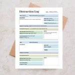 A sample Distraction Log with pre-filled entries for interruption types, triggers, prevention strategies, and mood tracking to demonstrate mindful work habits
