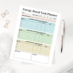 A tiered productivity worksheet featuring color-coded sections for task prioritization based on mental energy and focus capacity