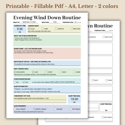 Evening Wind Down Routine Printable for Stress Relief and Bedtime Habits
