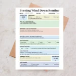Sample Evening Wind Down Routine with pre-filled relaxation steps, a digital detox schedule, and nightly reflection notes.