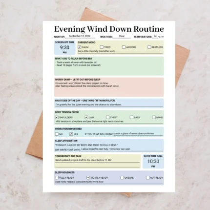 Sample Evening Wind Down Routine with pre-filled relaxation steps, a digital detox schedule, and nightly reflection notes.