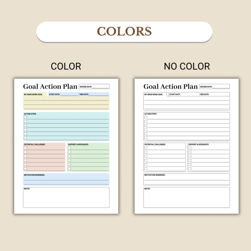 Goal Action Plan available in colorful and ink-friendly black-and-white